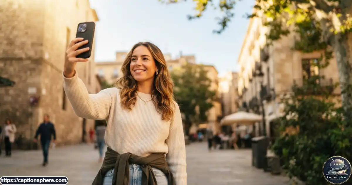 Woman taking a natural self portrait outdoors in warm evening light