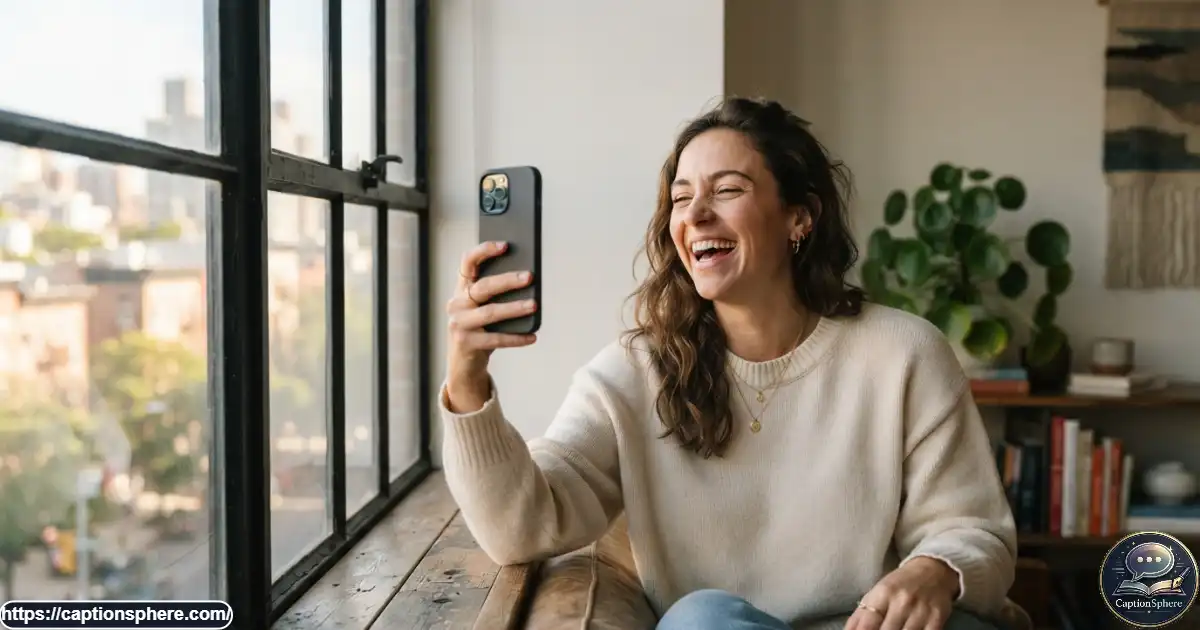 Person laughing while taking a playful selfie beside a window