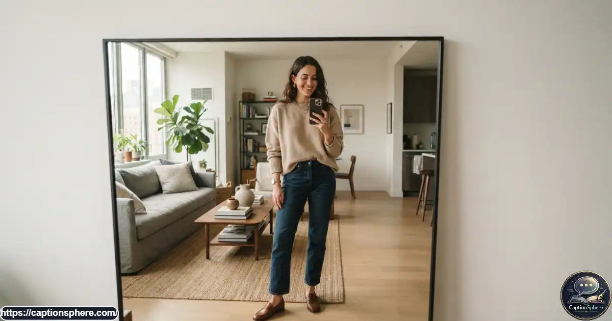 Person taking a full-length mirror selfie while wearing a stylish casual outfit