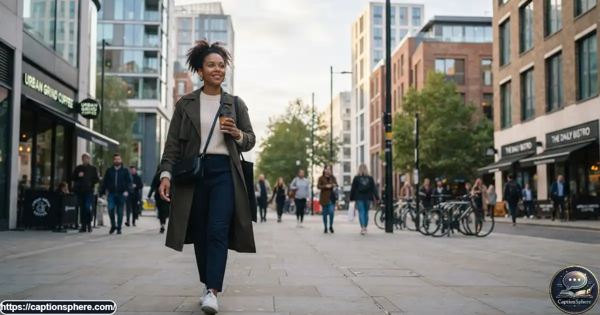 Confident woman walking through a city street after a personal fresh start