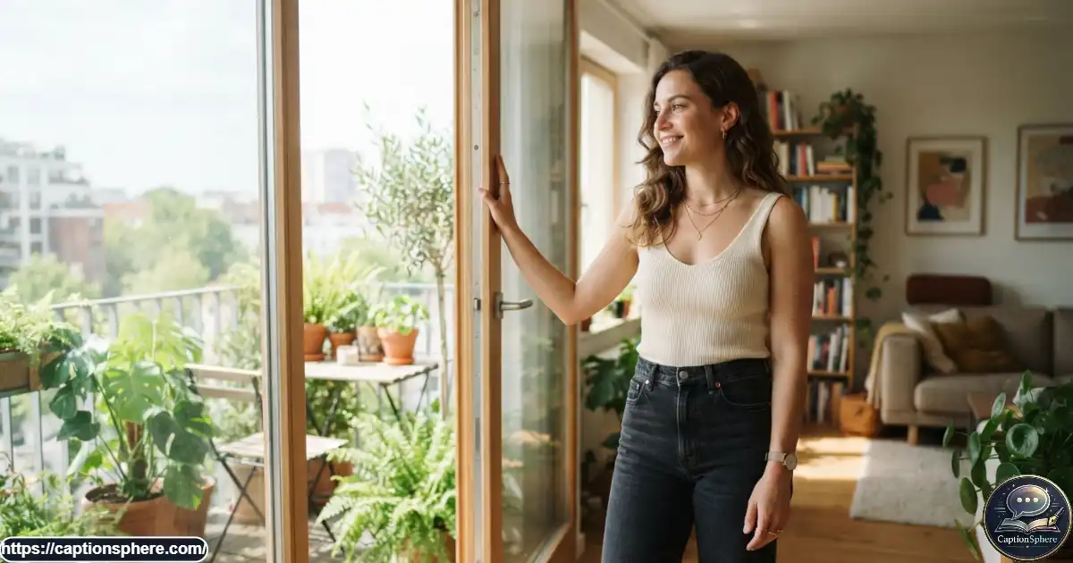 Young woman enjoying quiet solo time in a bright apartment with confident expression