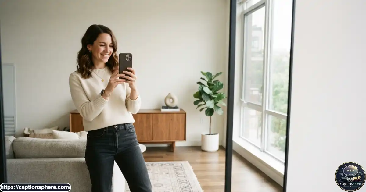 Stylish woman taking a natural mirror selfie in a bright modern room