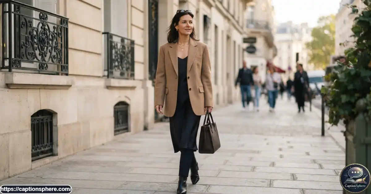 Well-dressed woman showing a sophisticated outfit in an elegant urban environment