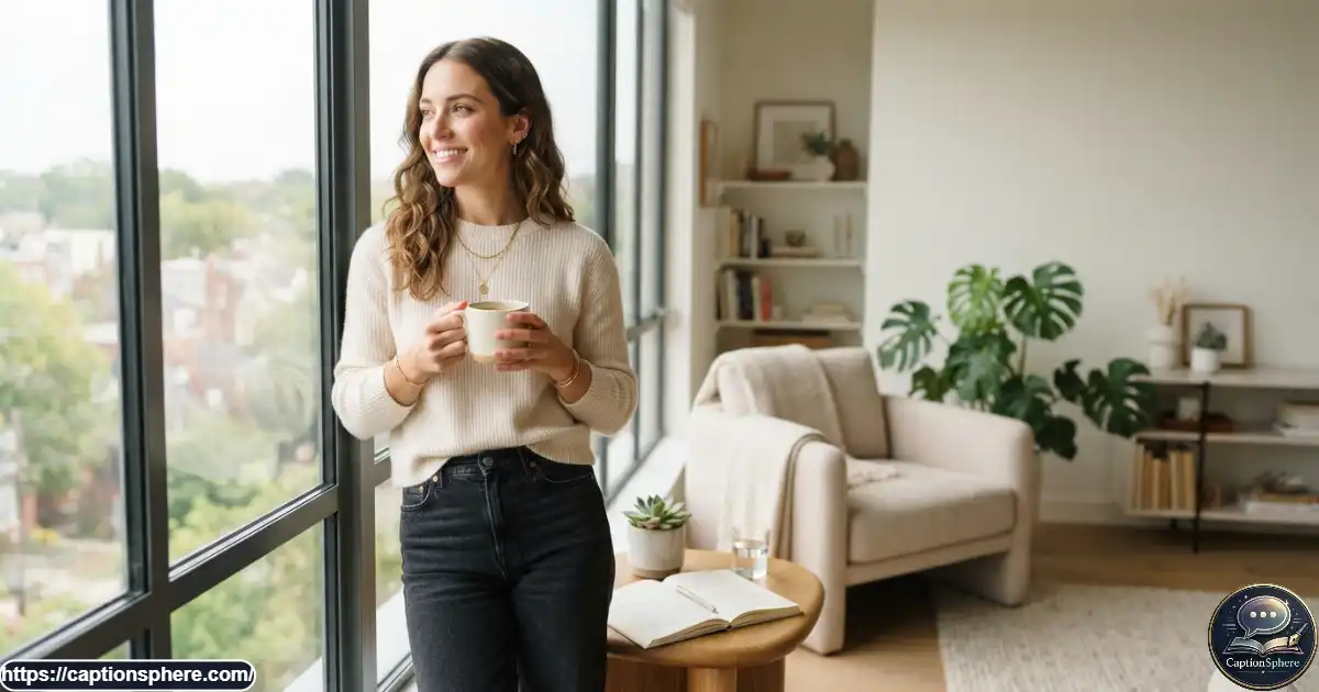Confident young woman enjoying a stylish morning lifestyle moment for That Girl captions