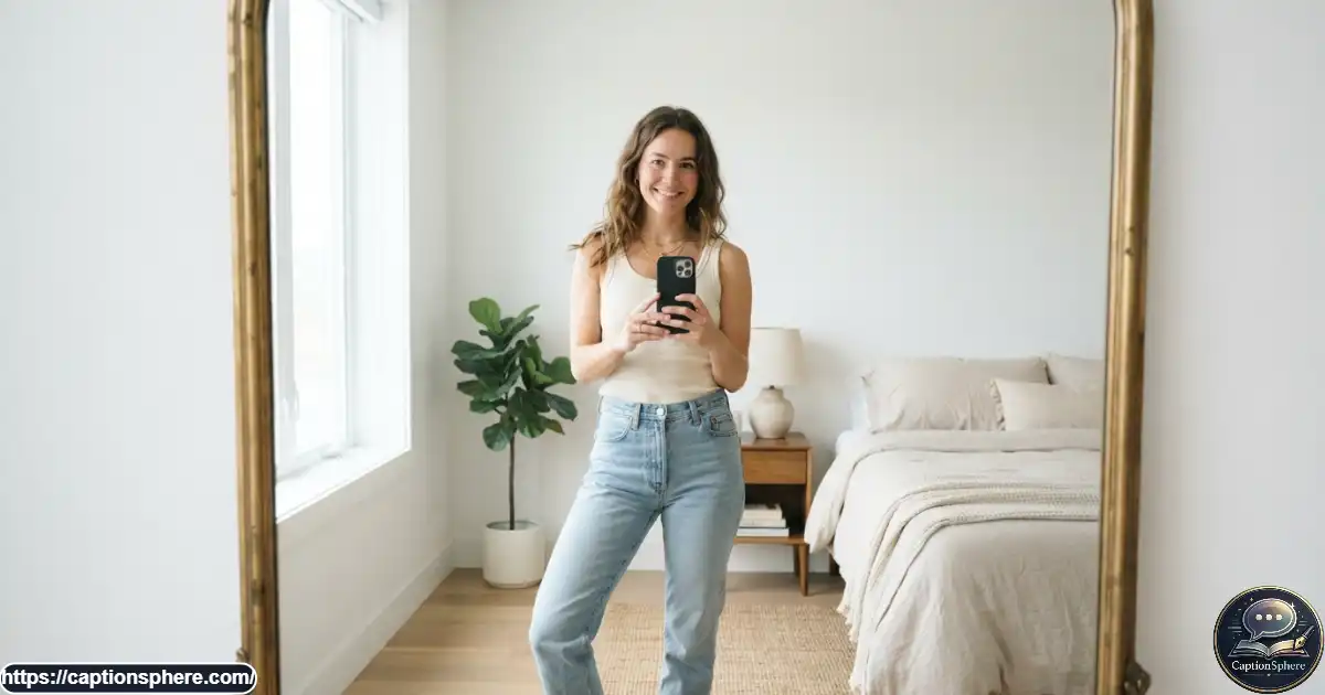 Young woman taking a natural mirror selfie in a bright minimalist bedroom