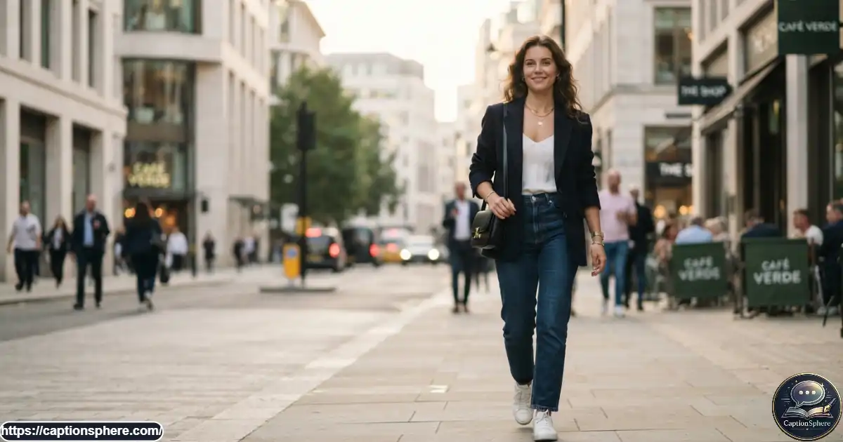 Confident woman walking through a city street in a polished everyday outfit