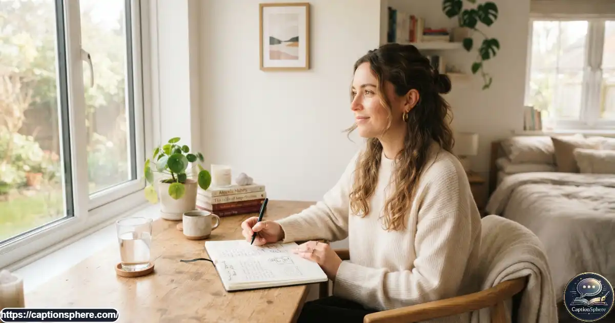Young woman journaling at home while reflecting on personal growth and self-care