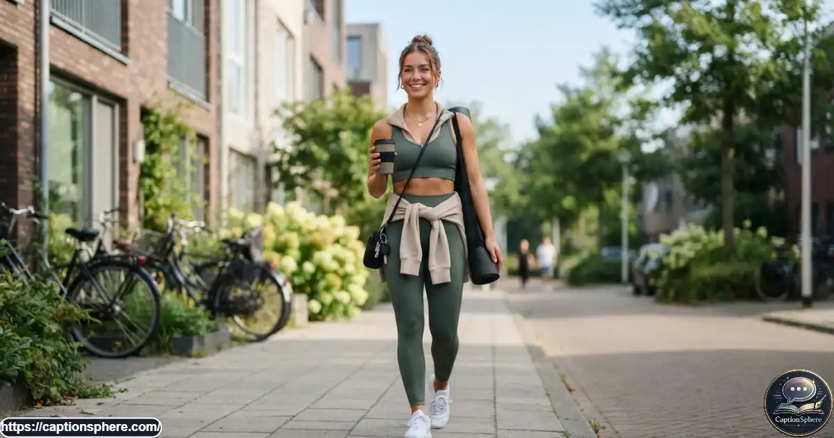 Young woman enjoying a healthy everyday lifestyle with gym and coffee elements