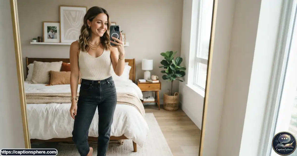 Stylish woman taking a mirror selfie in a bright modern apartment