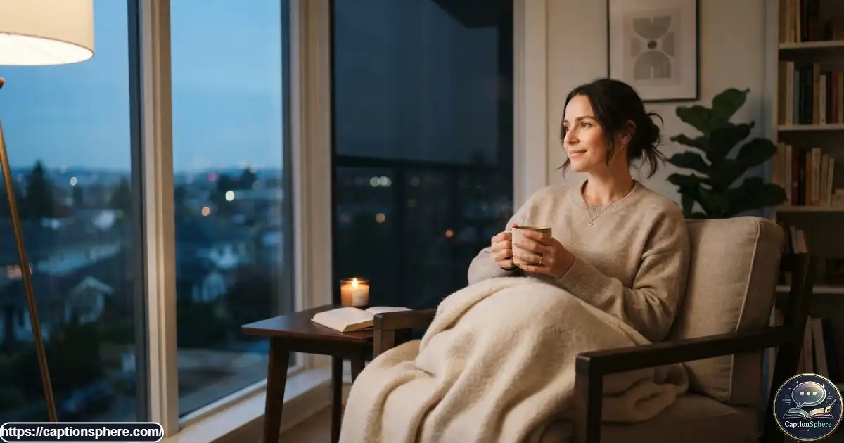 Person relaxing at home during a peaceful evening with warm light and a cozy setting