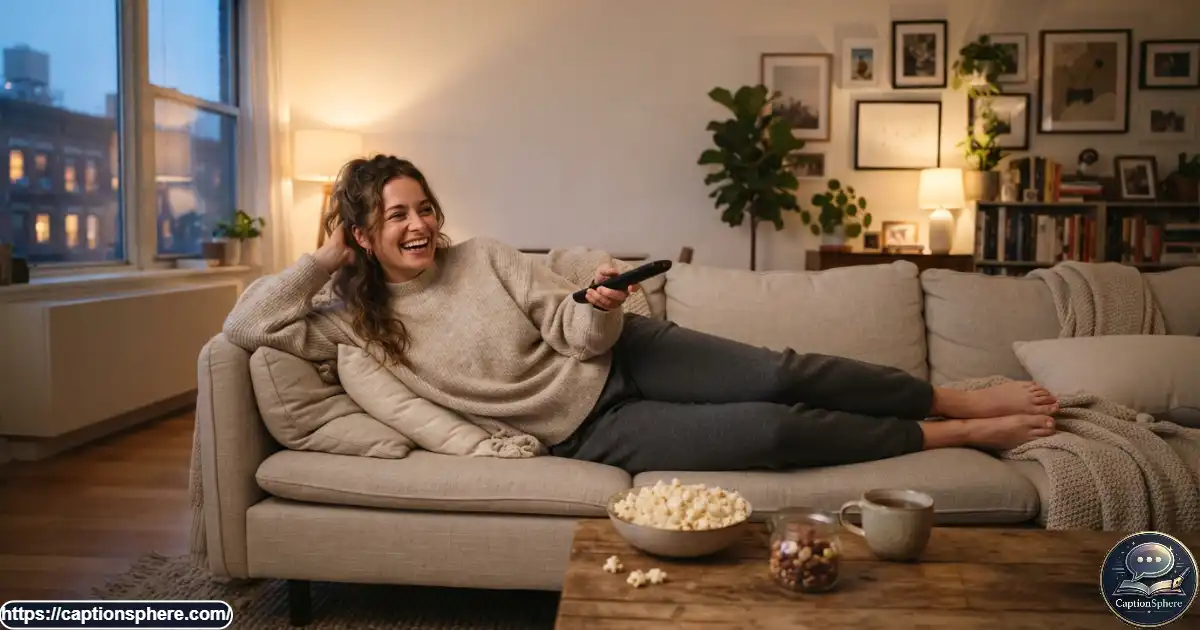 Relaxed person on a couch enjoying a funny lazy evening at home