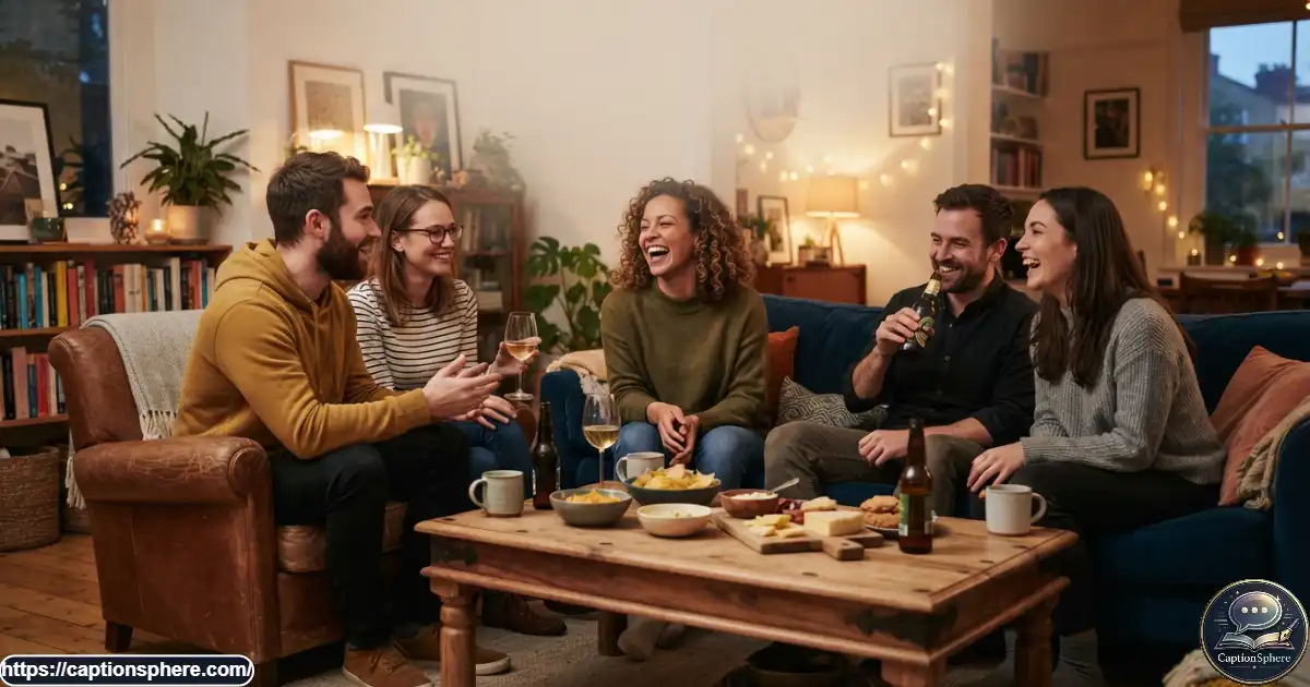 Friends enjoying a relaxed evening together with snacks and casual conversation