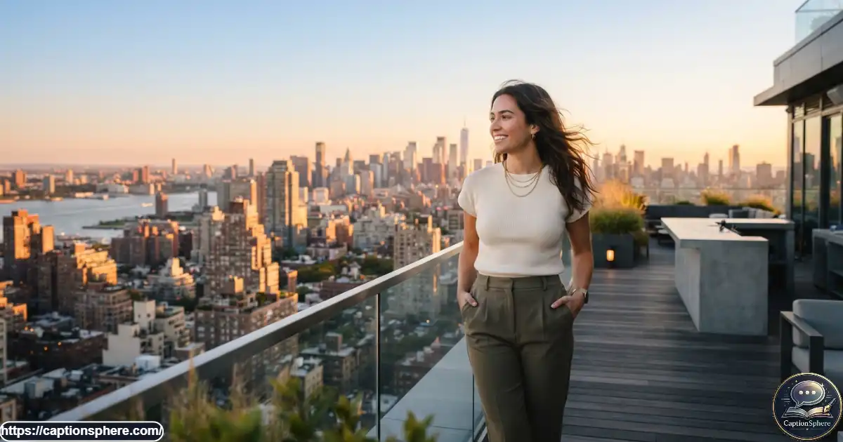 Person enjoying a rooftop skyline view during golden hour
