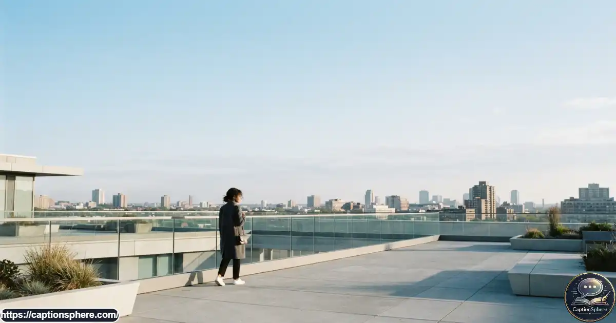 Minimal rooftop portrait with open sky and city buildings behind