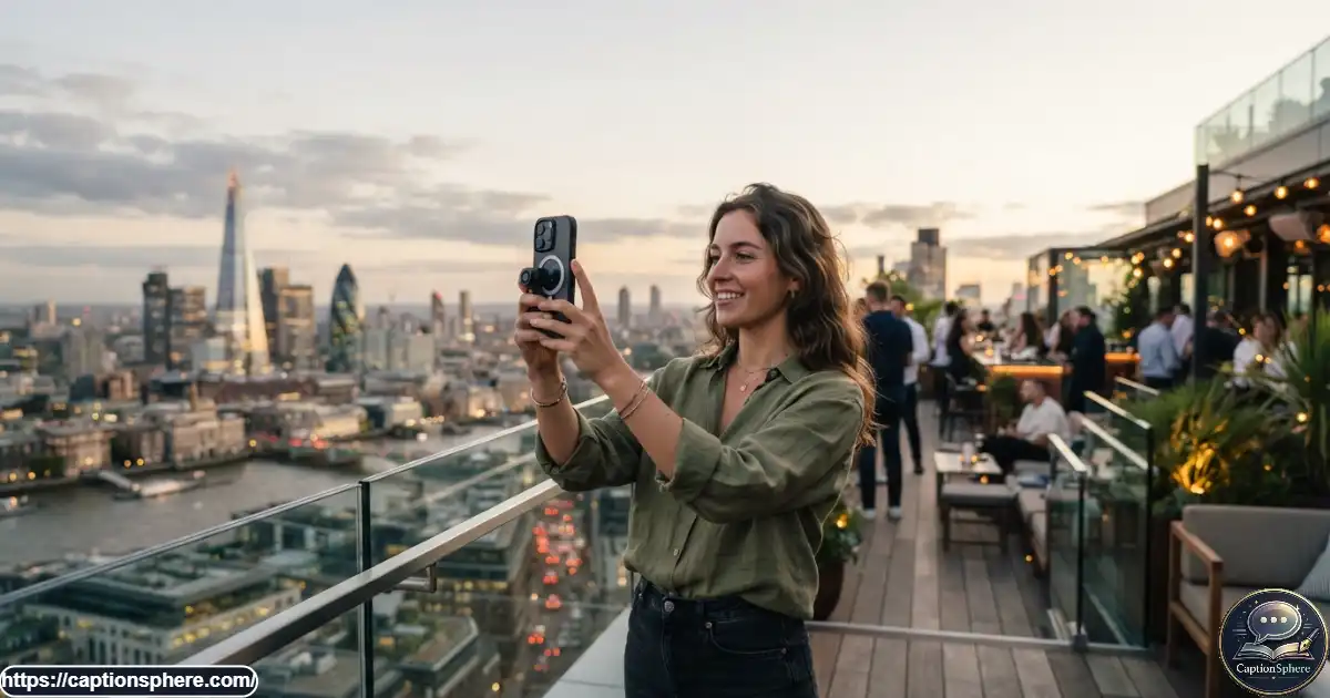 Person filming a rooftop city view for a social media video