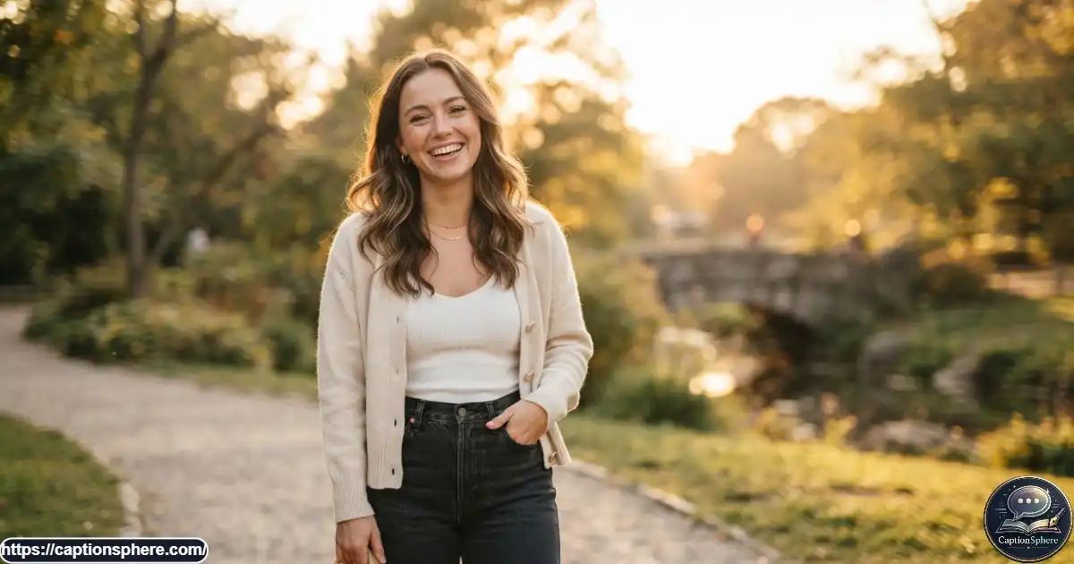 Woman smiling naturally outdoors during golden hour for a social media photo