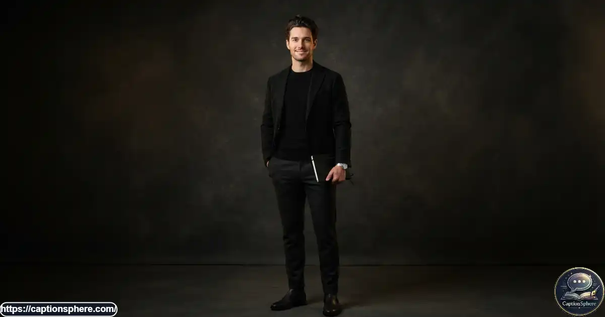 Confident young man in a stylish black outfit against a dark, elegant background.