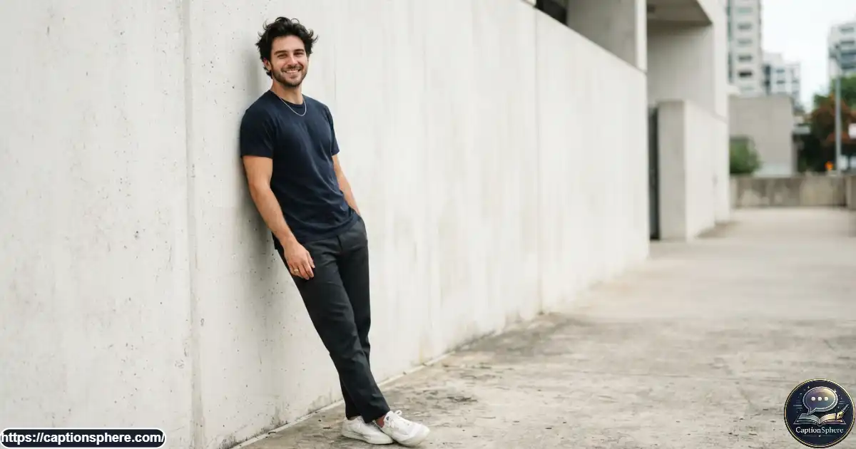 Young man wearing a minimalist dark outfit against a clean urban wall.