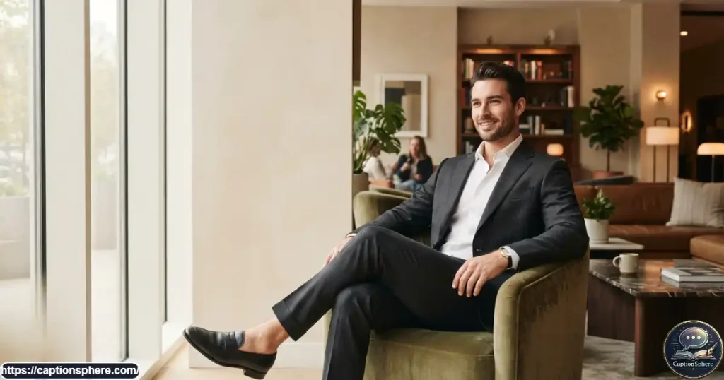Well-dressed young man in a tailored suit in a sophisticated modern lounge.