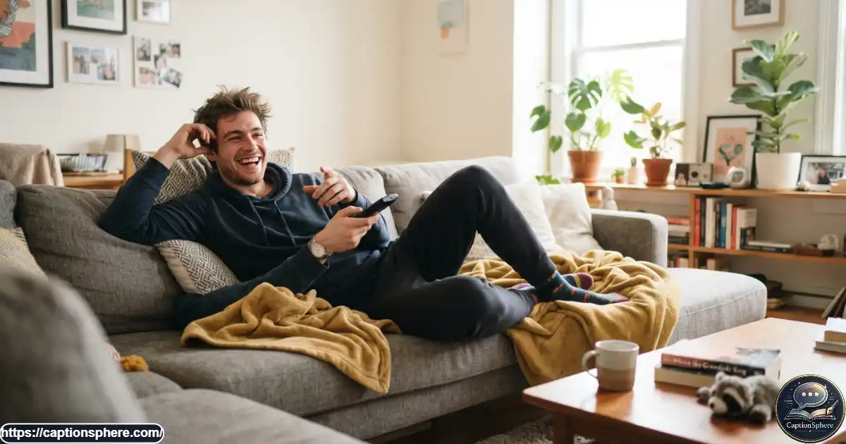 Young man smiling casually while relaxing in a comfortable modern living room.

