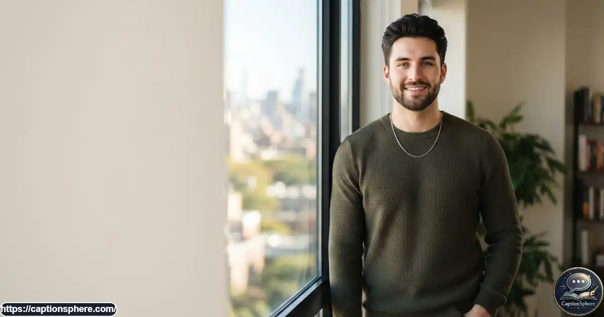 Close-up portrait of a confident young man beside a window with soft natural light.