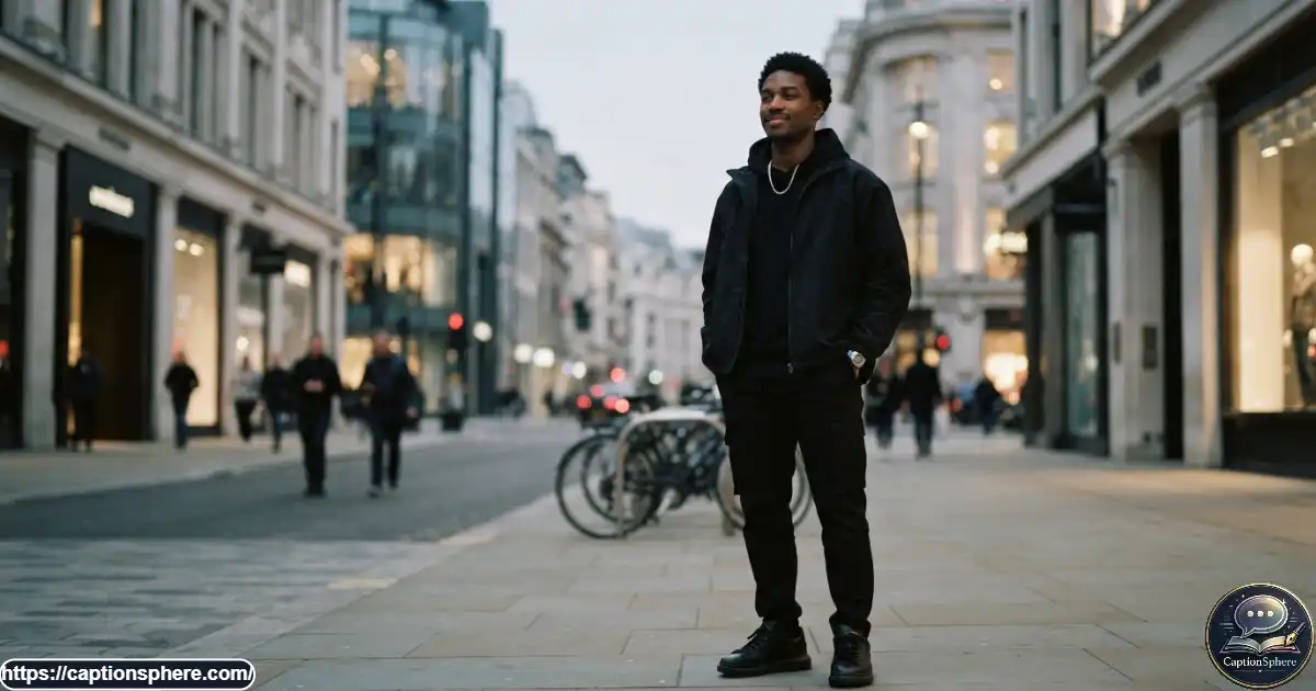 Stylish young man in a black streetwear outfit posing confidently outdoors in natural light.