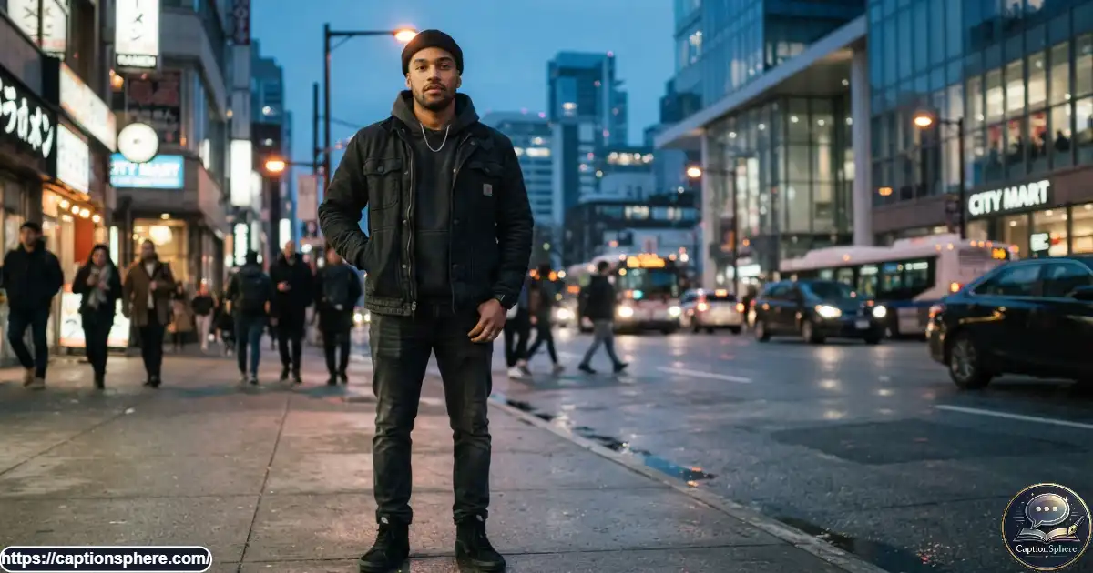 Young man in dark streetwear posing confidently on a city street at dusk.

Image Prompt: