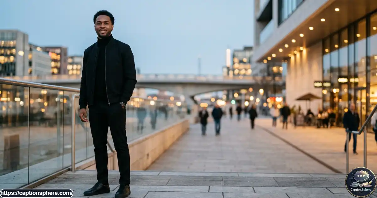 Confident young man in a dark outfit standing against a modern urban background.