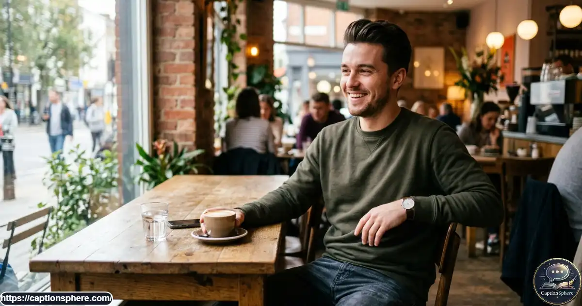 Young man giving a subtle amused expression while relaxing in a modern cafe.