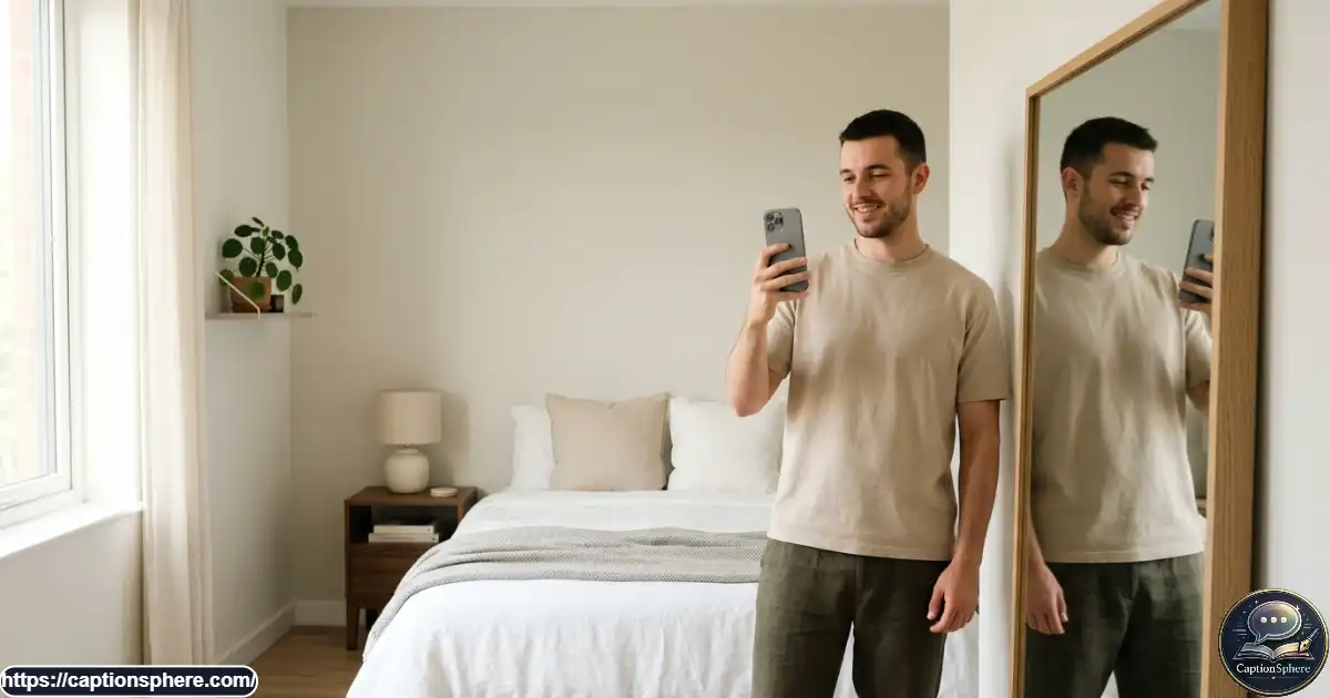 Young man taking a mirror selfie in a simple modern bedroom with neutral decor.