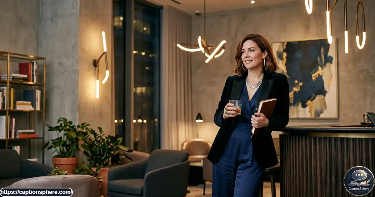 Adult in an elegant evening outfit standing in a sophisticated softly lit interior.