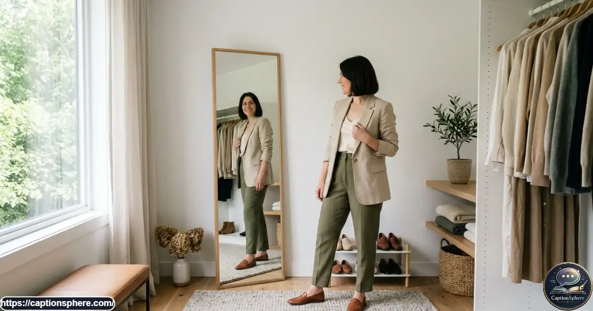 Adult wearing a coordinated outfit and posing naturally in a full-length mirror.