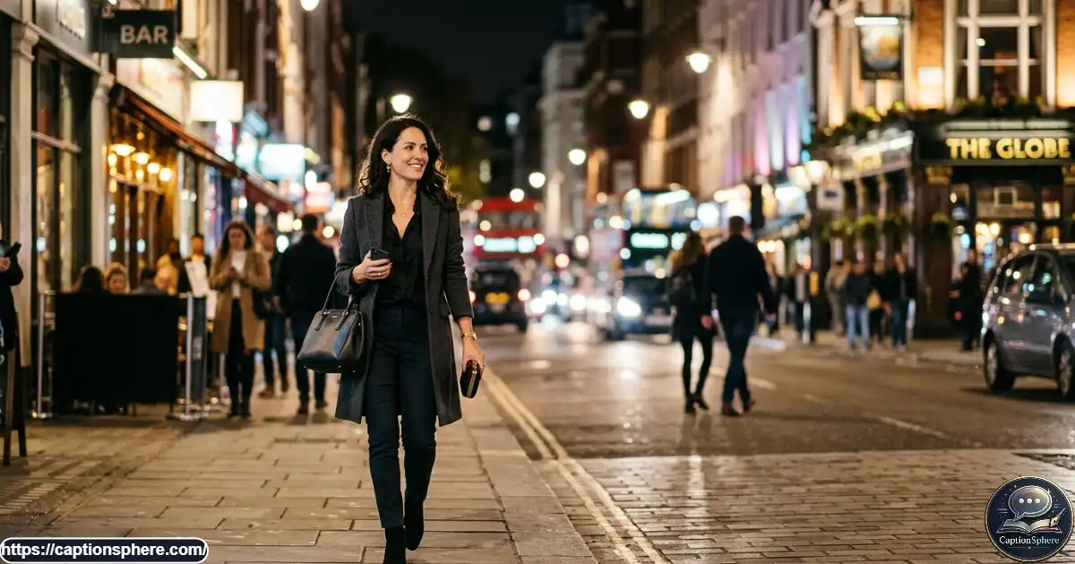 Well-dressed adult posing beneath soft city lights before an evening outing.