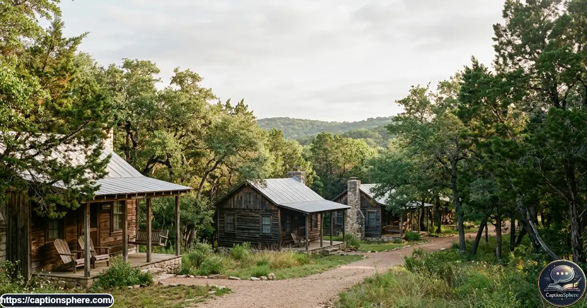 Peaceful wooded summer camp setting with rustic cabins and soft morning light.