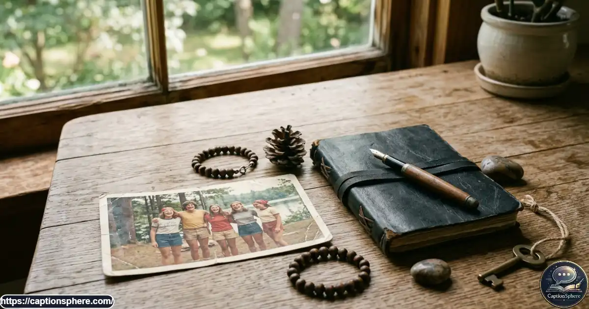 An old printed camp photograph beside a journal and personal keepsakes on a wooden table.