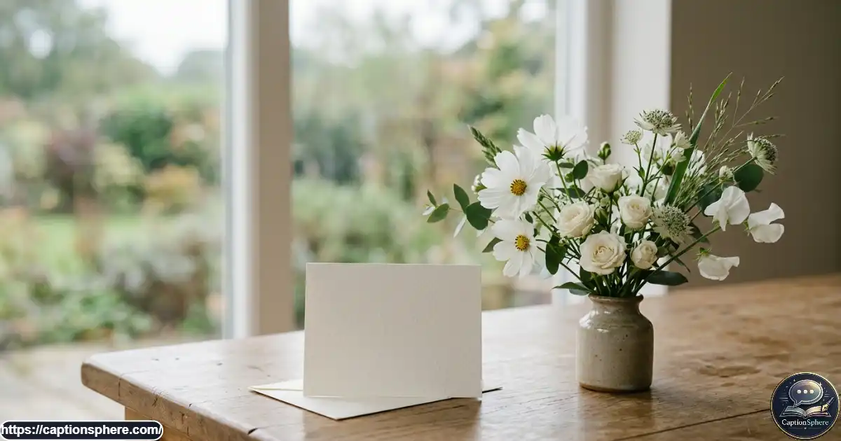 A simple arrangement of white flowers beside an unmarked blank card in soft natural light.