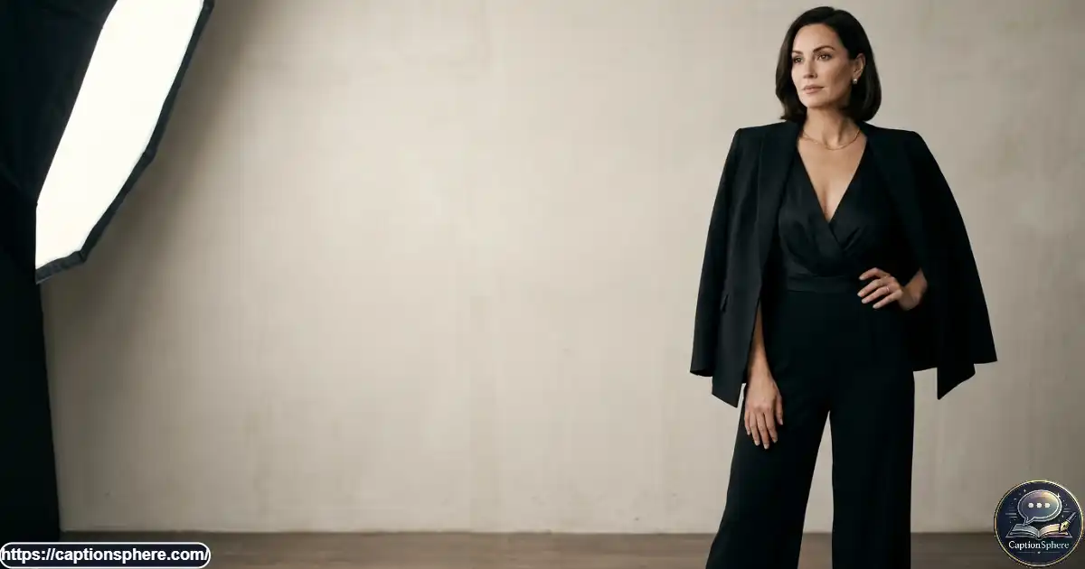 Confident fashion model in an elegant black outfit against a sophisticated studio backdrop.