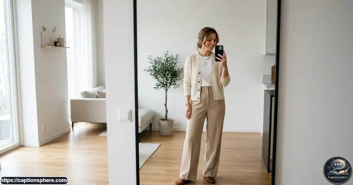 Adult fashion enthusiast taking a minimalist mirror selfie in a clean modern interior.

Image Prompt: