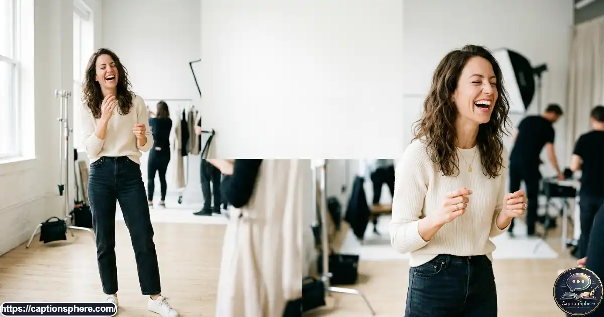 Adult model laughing naturally during a candid fashion shoot in a bright studio.