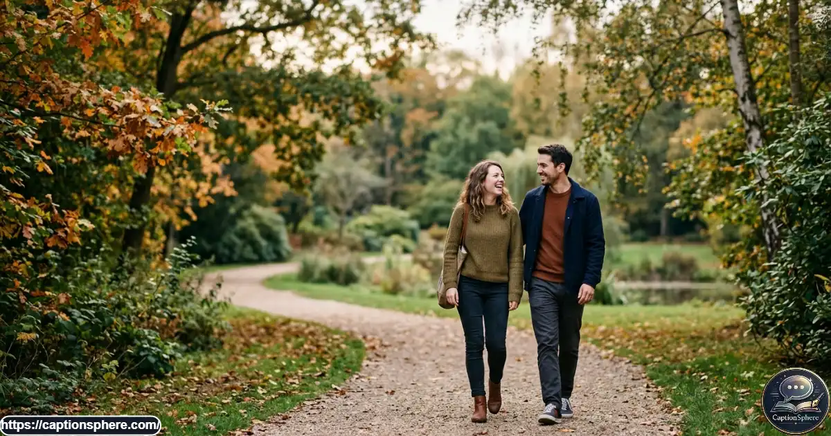 Couple smiling at each other while walking together through a peaceful park