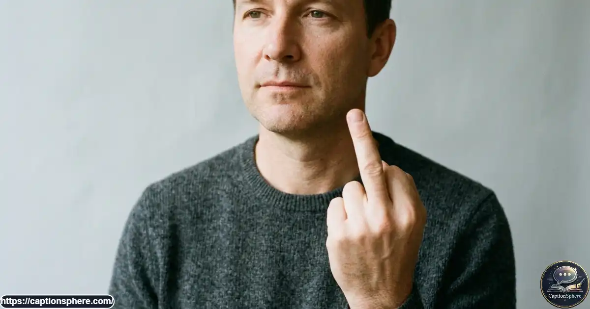 Close-up portrait of a person making a middle-finger gesture against a simple neutral background.