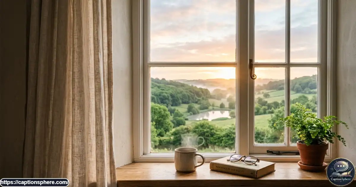 Cozy window overlooking a scenic landscape in soft morning light.