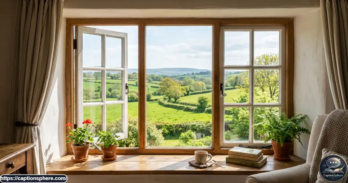 Bright window framing a green landscape on a peaceful morning.