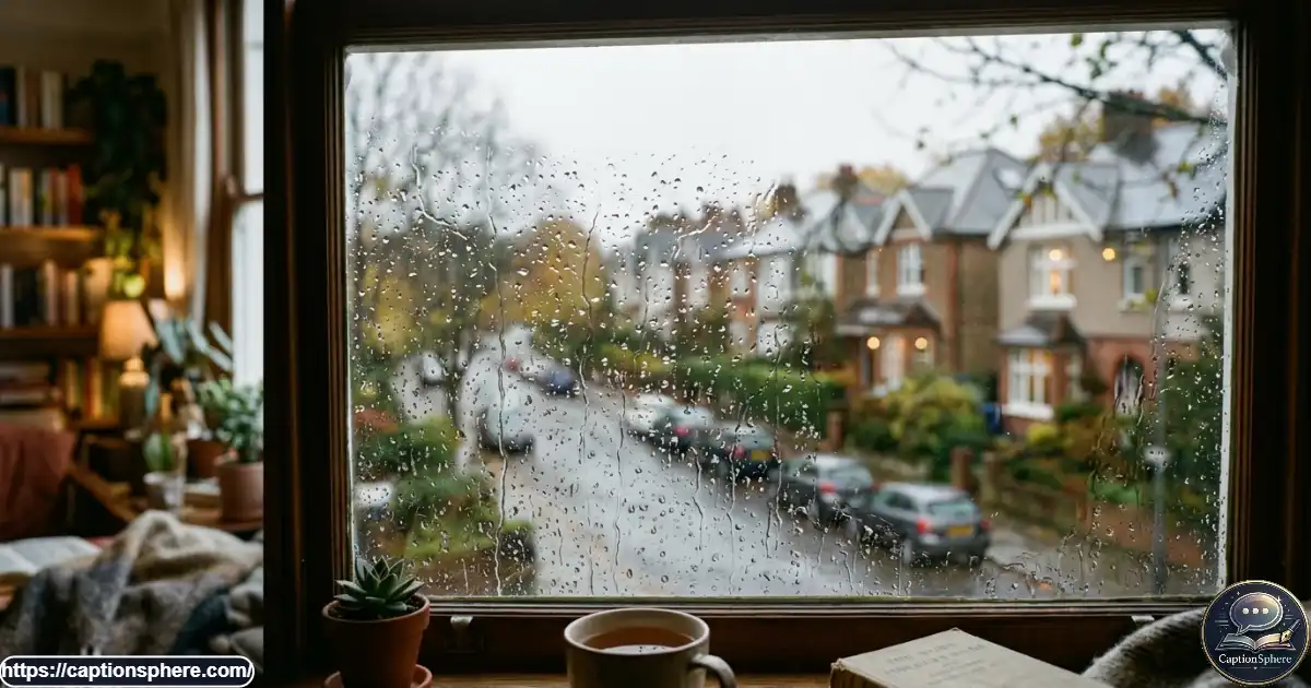 Rain droplets on glass overlooking a softly blurred neighborhood.
