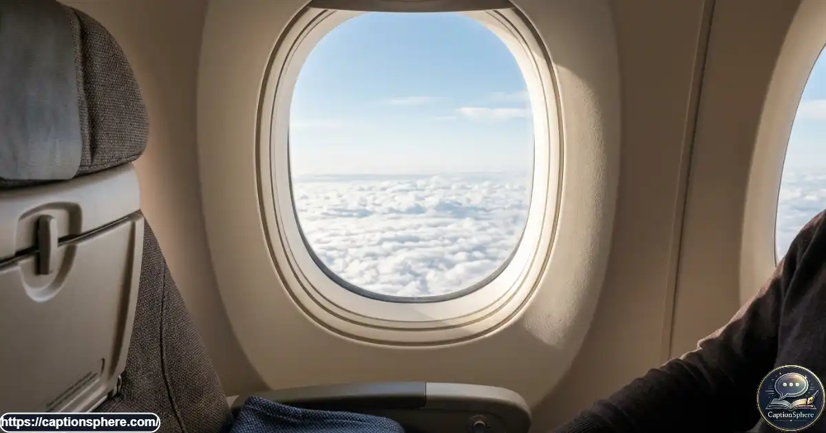 Airplane window revealing a sunlit blanket of clouds during flight.