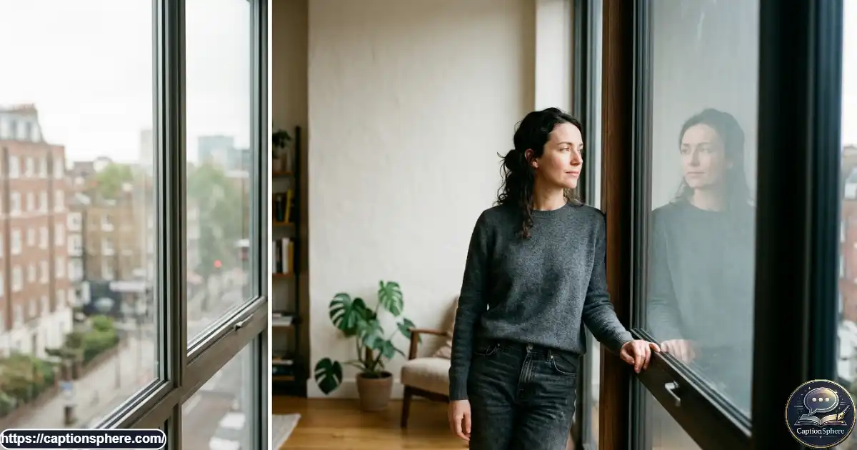 Person standing beside a window with a soft reflection in natural light.