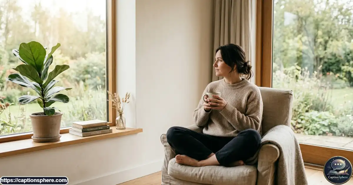 Woman enjoying a peaceful morning beside a window with sunlight and a cup of tea.