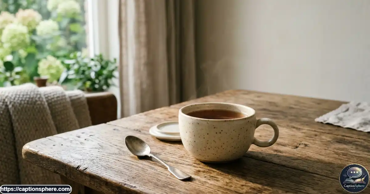 Sunlight falling across a simple wooden table beside a warm cup of tea.