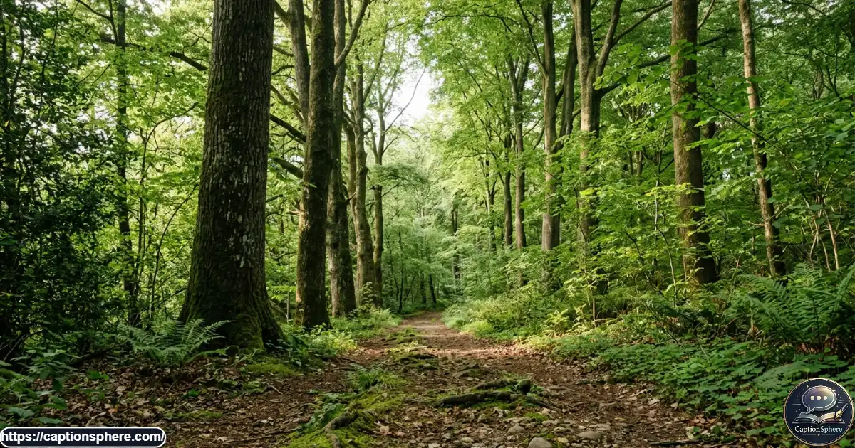 Sunlight filtering through tall trees along a quiet forest walking trail.