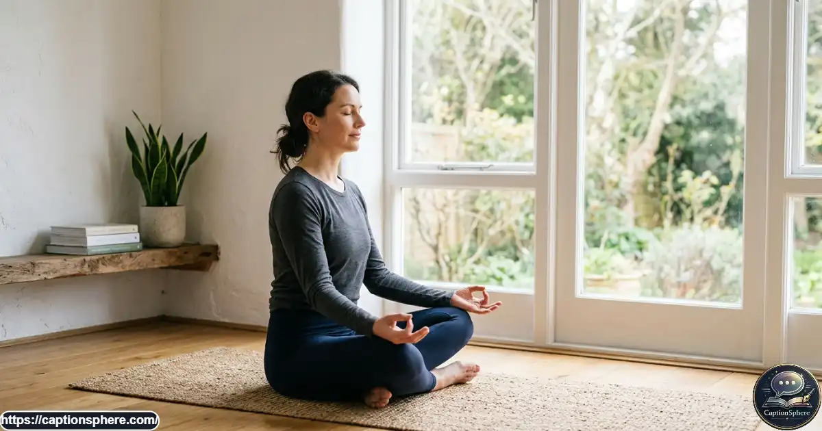 Person sitting comfortably on a yoga mat beside a bright window during meditation.